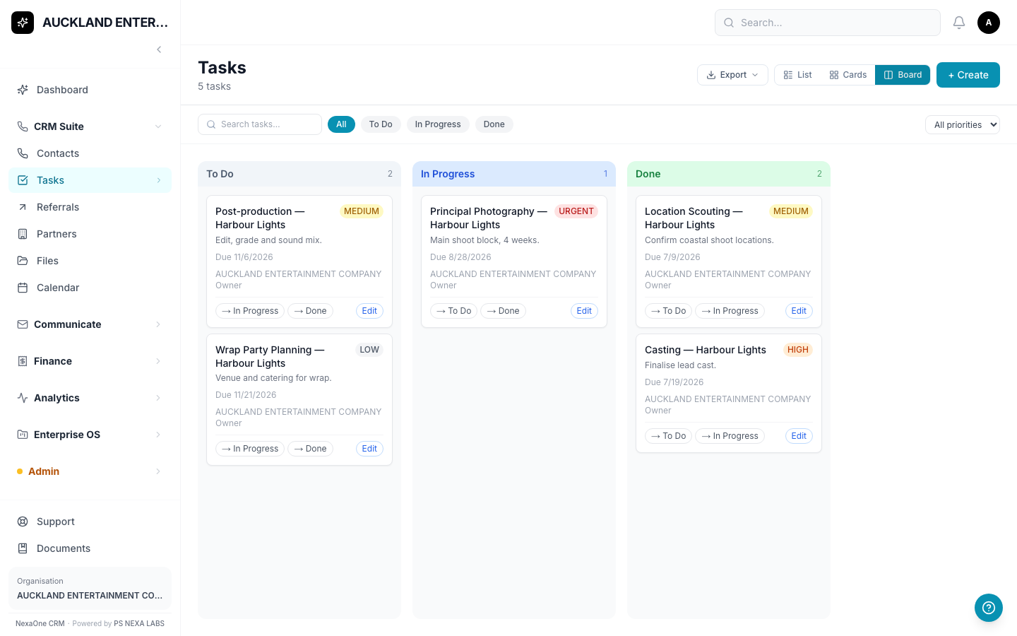 Tasks shown as a board with three columns