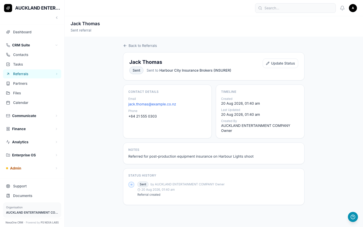 One referral's full details, including its history