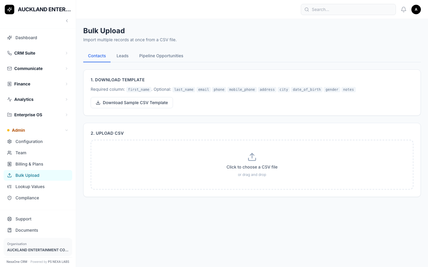 The Bulk Upload screen with its three tabs