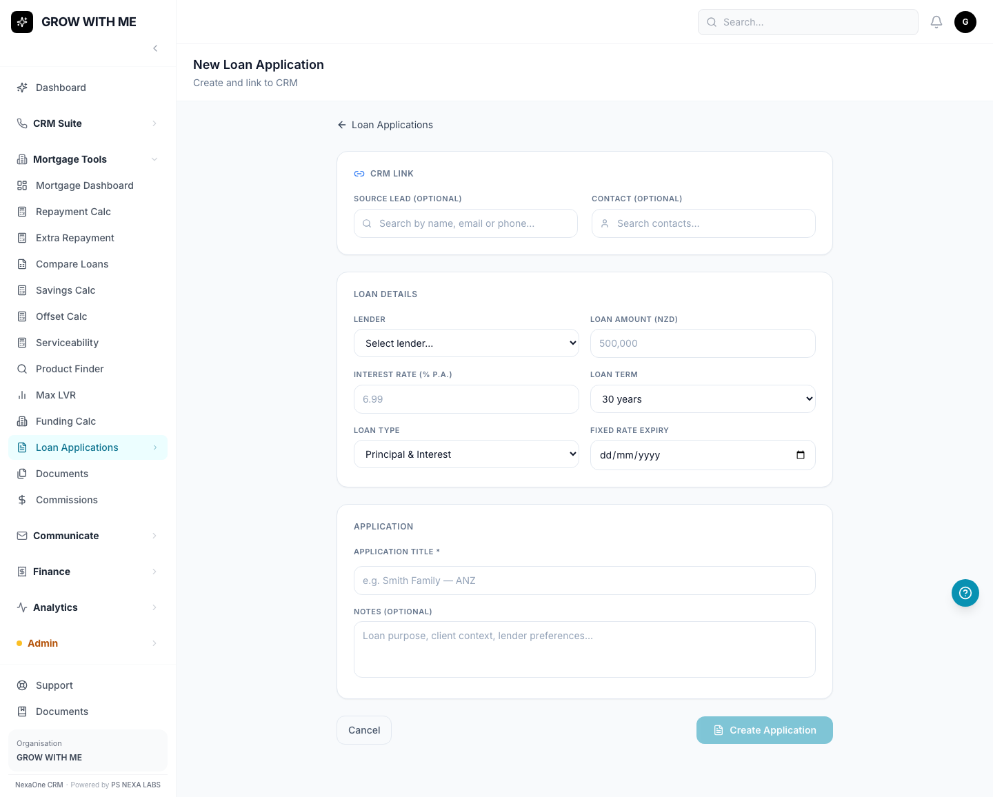 The New Loan Application form
